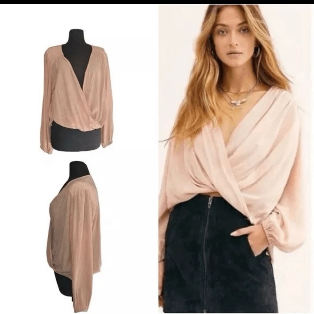 Free People Pink Wrap Blouse Long Sleeve Relaxed